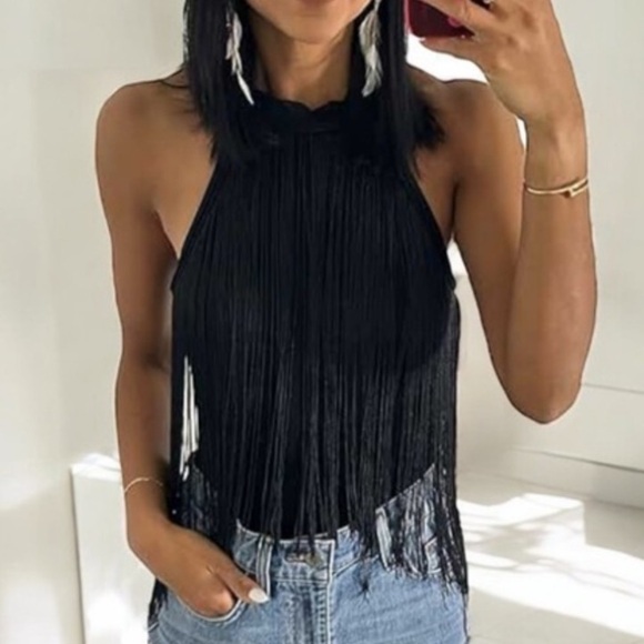 Black Fringe High Neck Bodysuit size M - Picture 3 of 7